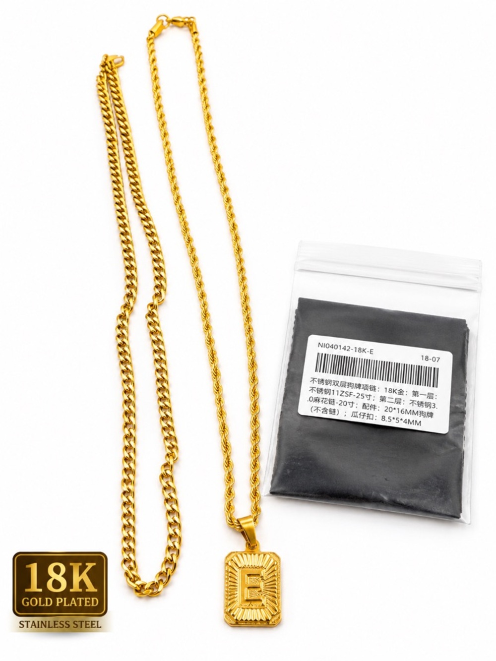18K Gold Plated Initial E Pendant Necklace Stainless Steel Layered Chain Set